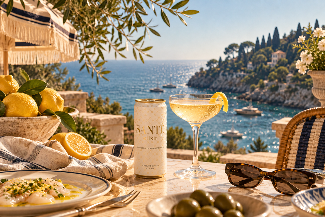 Santé Life non-alcoholic sparkling lemon beverage served with a coupe on a Mediterranean terrace for Sober October
